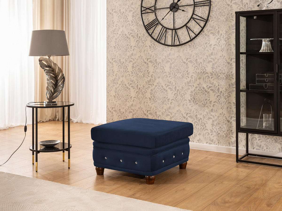 HOCKER Chesterfield Cleo Blink Marineblau Samt mit Kristallsteppung und braunen Massivholzfüßen - Blau/Braun, Holz/Textil (75/45/70cm) - S-Style Möbel
