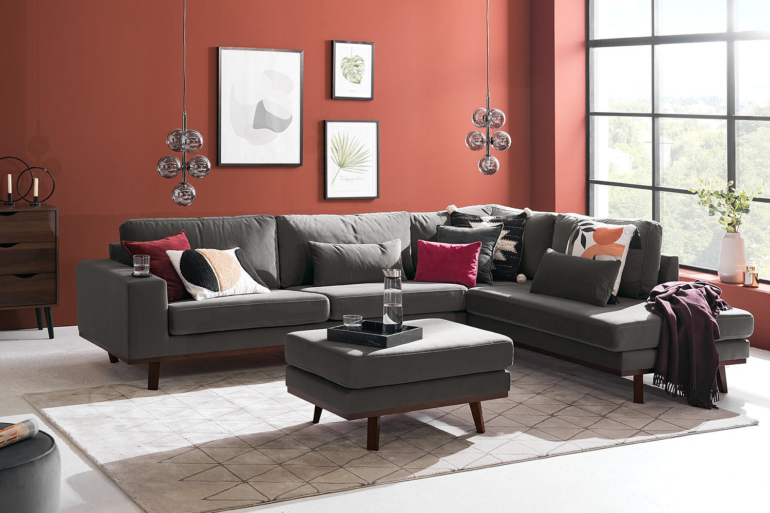 ECKSOFA mit Ottomane - Dunkelgrau/Buchefarben, Textil (287/219cm) - home24