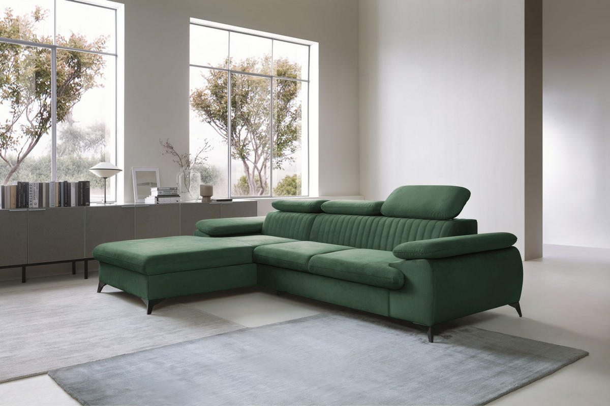 ECKSOFA FIORE Grün Velours-Stoff mit Schlaffunktion - Grün, Holz (280/193cm) - MASSENO