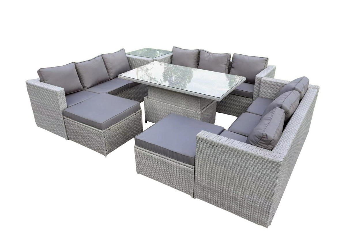 GARTENMÖBEL SET mit höhenverstellbarer Tisch Polyrattan Helles Grau 11-Sitzer - Hellgrau, Metall - Fimous
