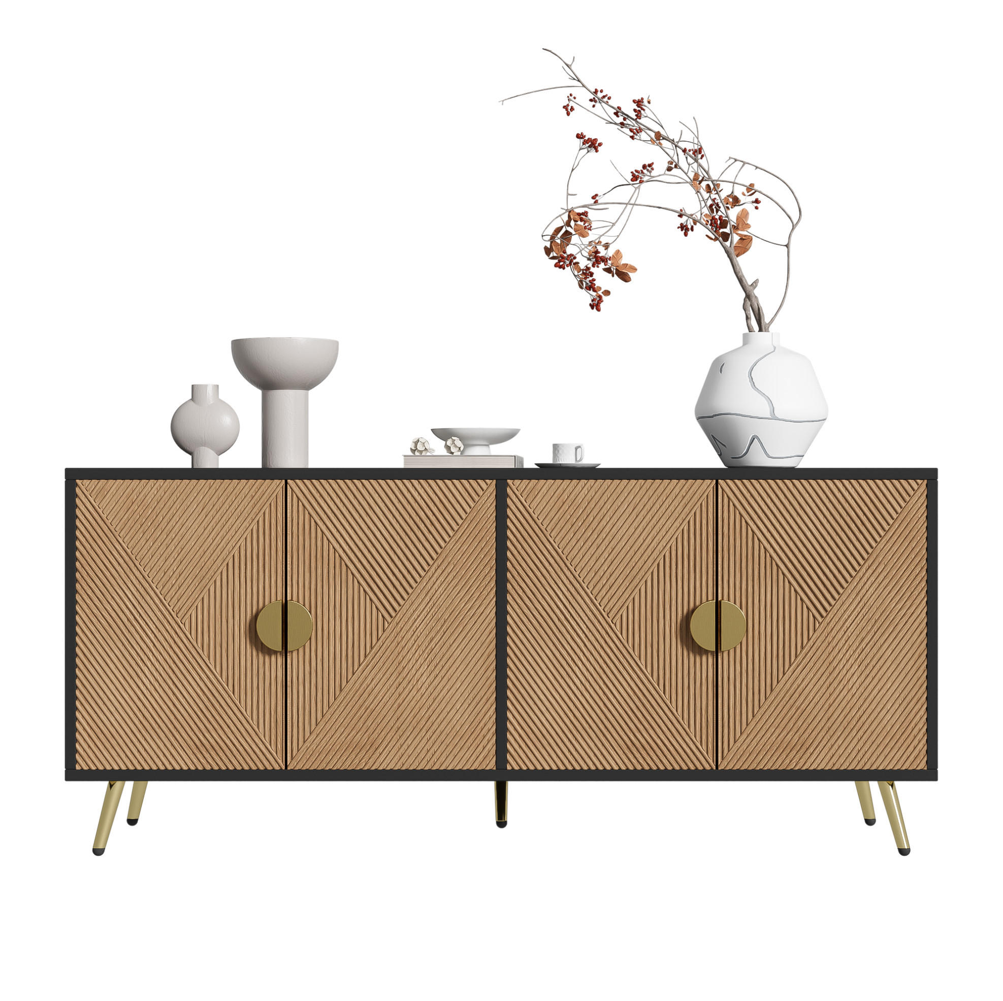 SIDEBOARD 160/40/75 cm in Schwarz und Holzoptik mit 4 Türen und Soft-Close - Schwarz, Holzwerkstoff (160/75/40cm) - Flora Grace