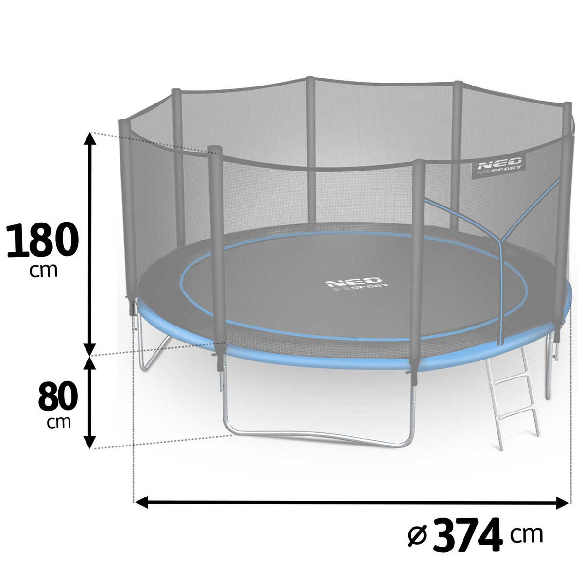 GARTENTRAMPOLIN 12 ft/374 cm mit Außennetz und Leiter - Blau, Metall (374/374cm)