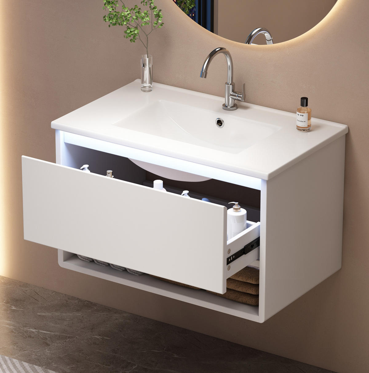 WASCHTISCHUNTERSCHRANK 76x46x45 cm Weiß aus Holzwerkstoff & Keramik mit LED-Sensorlicht - Weiß, Holzwerkstoff (76/45/46cm) - Modfu