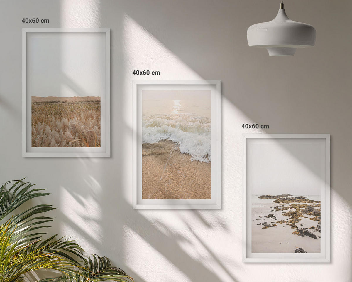 WANDBILDER 3er-Set - 40x60 cm Weißer Rahmen - Strandwellen, Steine, Sommer - Weiß, Kunststoff (40/60cm) - ArtPrintCave