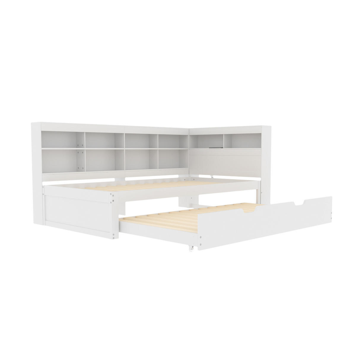 FUNKTIONSBETT 90/200 cm mit Ausziehbett 90/190 cm, USB-Anschluss und Stauraum, Massivholz, Weiß - Weiß, Holz (90/200cm) - Redom
