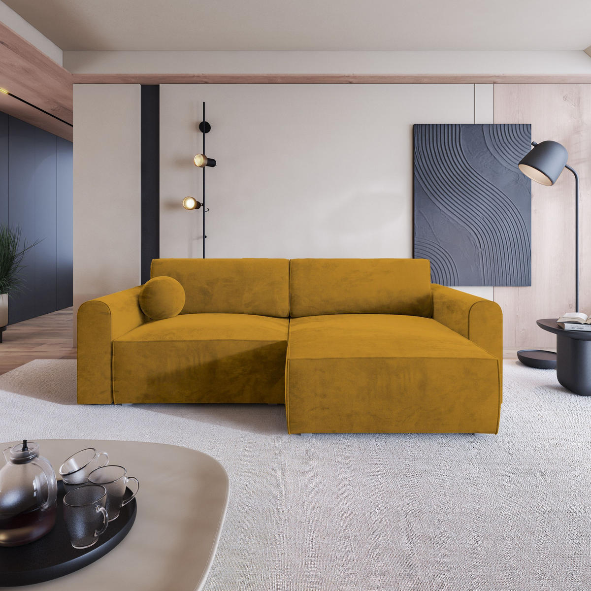 ECKSOFA FIANO M Gelb Velours-Stoff mit Schlaffunktion - Gelb/Grau, Holz/Kunststoff (245/148cm) - MASSENO