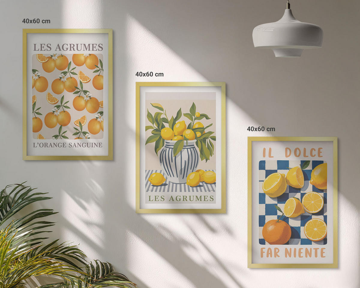 WANDBILDER 3er Set - 40x60 cm Goldrahmen - Retro gelbe Zitrusfrüchte - Goldfarben, Kunststoff (40/60cm) - ArtPrintCave