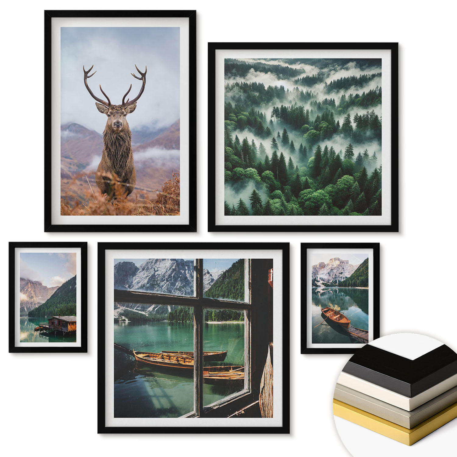 WANDBILDER 5er-Set - 50x50 cm & 20x30 cm & 40x60 cm Schwarzer Rahmen - Nebel auf dem Bergsee, Bootsfahrten, Nebel - Schwarz, Kunststoff (40/60cm) - ArtPrintCave