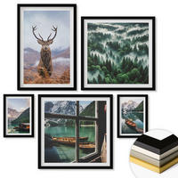 WANDBILDER 5er-Set - 50x50 cm & 20x30 cm & 40x60 cm Schwarzer Rahmen - Nebel auf dem Bergsee, Bootsfahrten, Nebel - Schwarz, Kunststoff (40/60cm) - ArtPrintCave