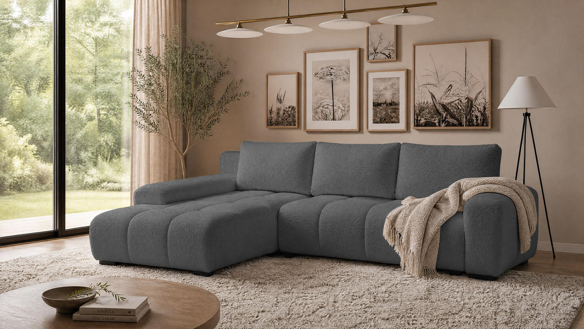 ECKSOFA Ovia mit Bettkasten und Schlaffunktion, Bouclé-Stoff in L-Form - Dunkelgrau, Textil (270/185cm)