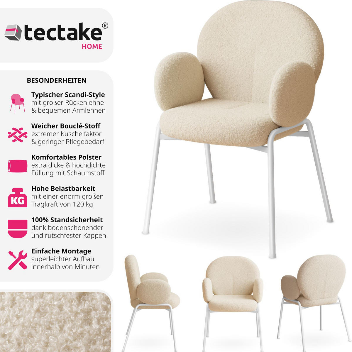 STUHL 2er Set Scandi Belastbarkeit 120 kg 61 5 x 62 x 90 - Creme, Kunststoff (62/90/61.5cm) - tectake