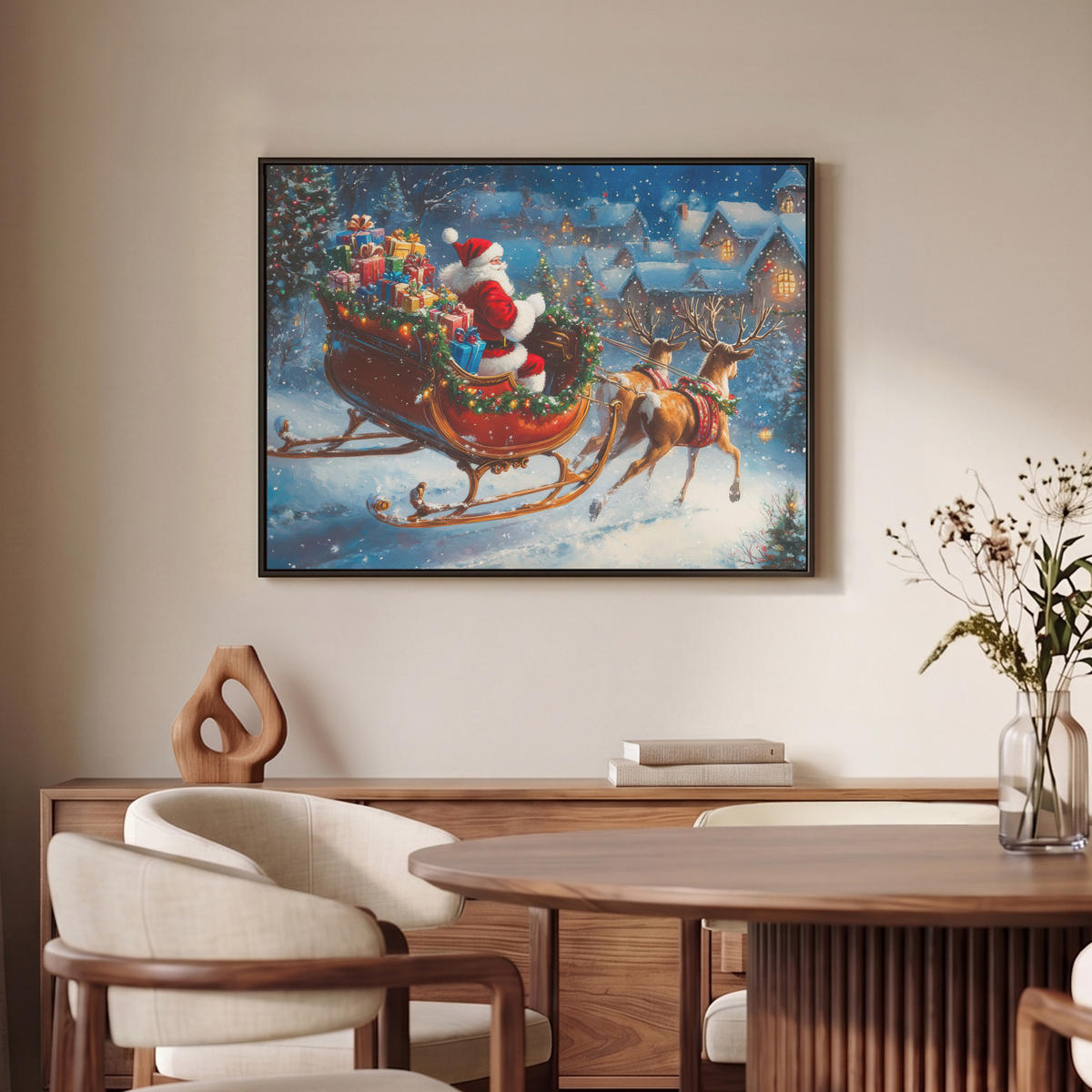LEINWAND Bilder mit Rahmen - Weihnachtsmann - Rentier - Weihnachten - Schnee - 70x50 - Cognac, Textil (70/50cm) - MuchoWow