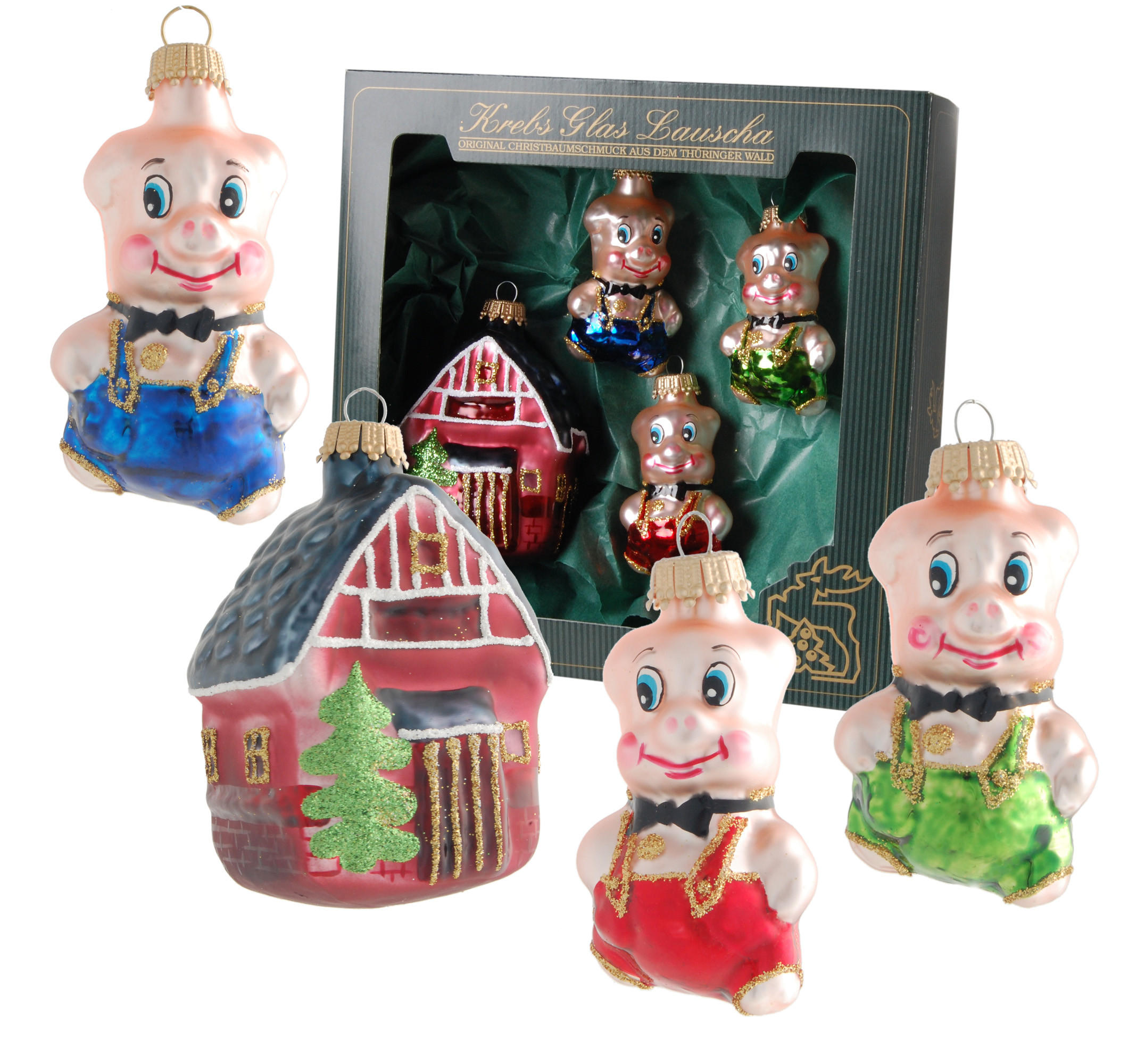CHRISTBAUMSCHMUCK Drei Kleine Schweinchen Mehrfarbig 9cm (Glas / 4 Stk.) - Multicolor, Glas (5/9/5cm) - Krebs Glas Lauscha