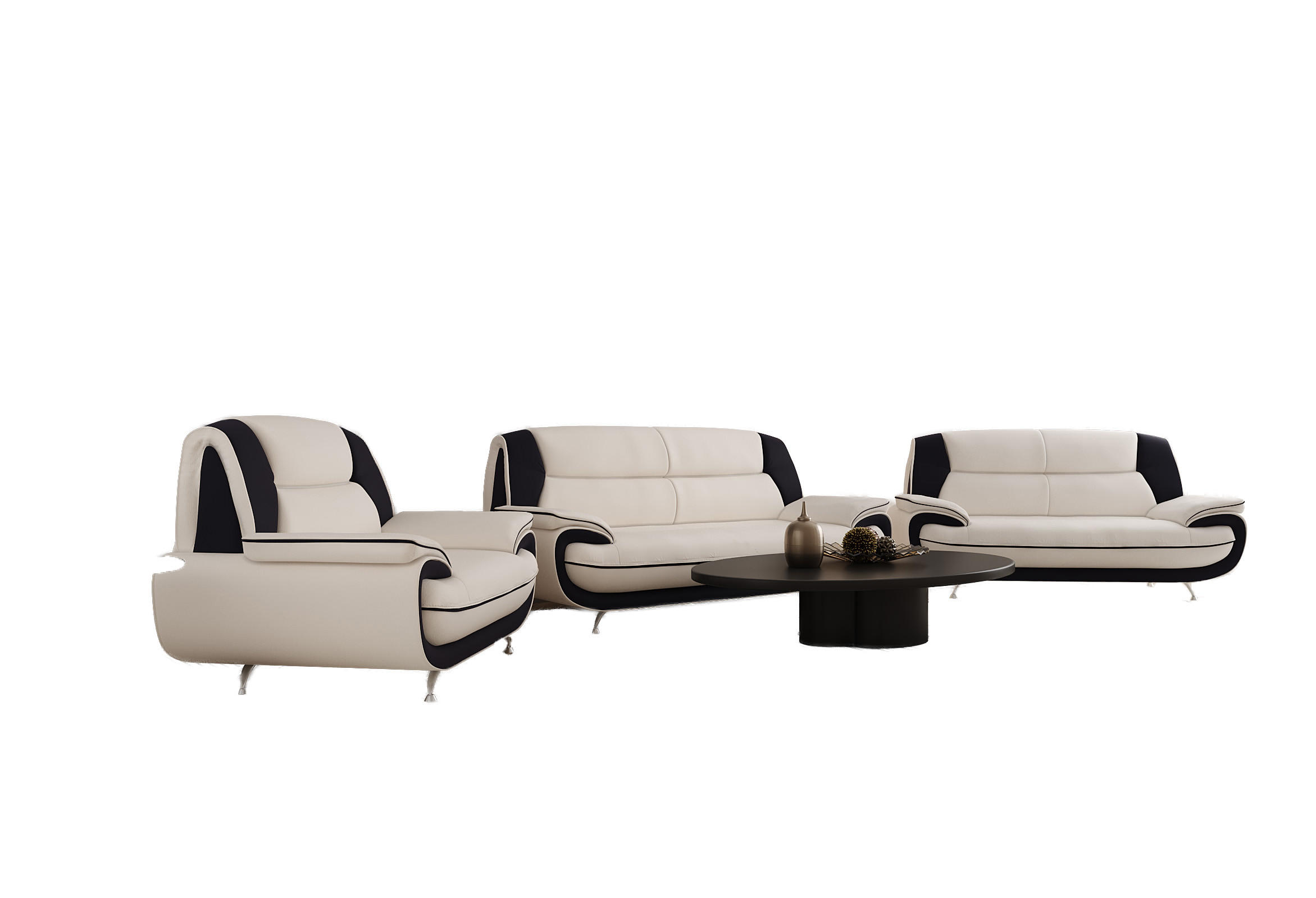 SOFAGARNITUR 3+2+1, Stoff Soft, Weiß + Schwarz, Palermo - Weiß, Holz (198/89/87cm) - Kaiser Möbel