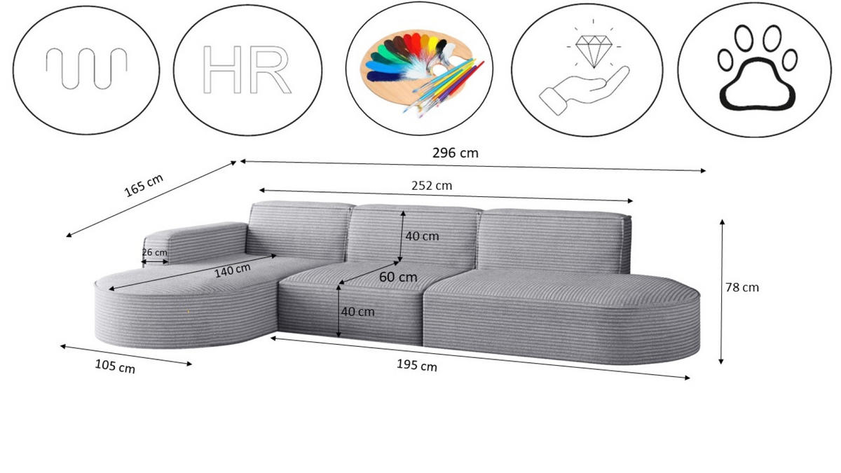 ECKSOFA Designer, Sofa L form MODENA 302 cm stoff Poso Hellgrau Rechts - Hellgrau, Holz (302/296cm) - Kaiser Möbel