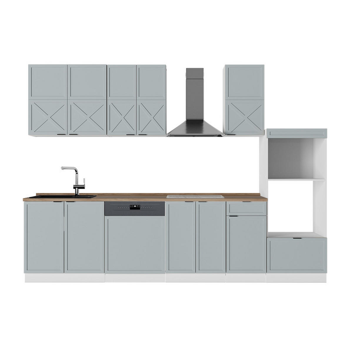 KÜCHENZEILE Fame-Line Hellblau-grau/Weiß 300 cm mit Hochschrank AP Eiche - Blaugrau/Weiß, Holzwerkstoff (300/81.6/60cm) - Vicco