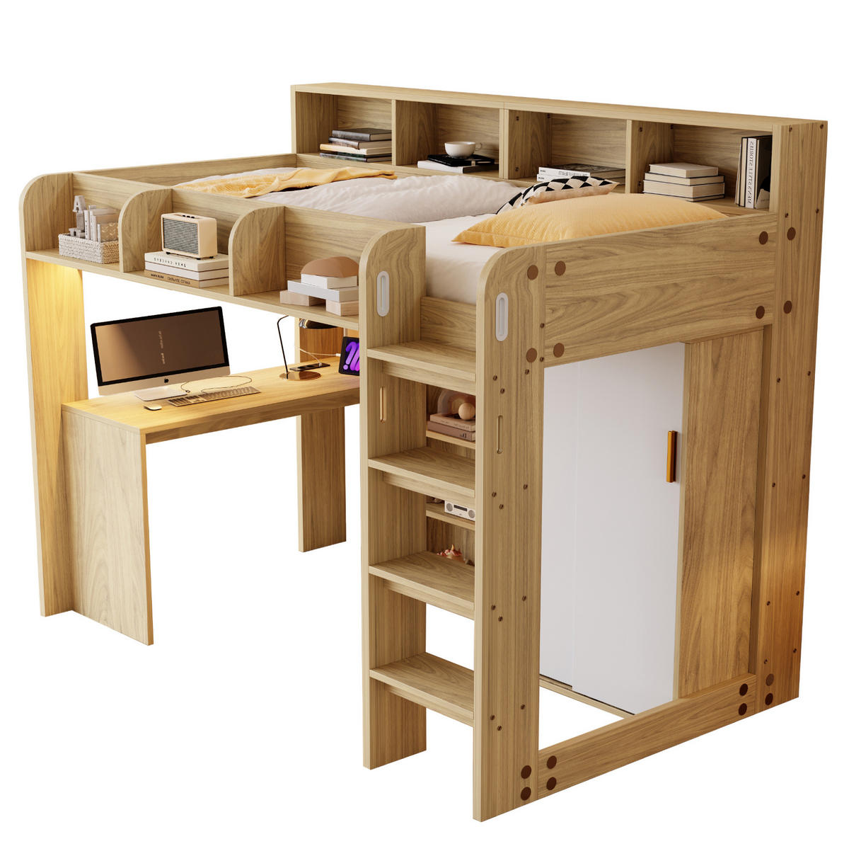 HOCHBETT aus MDF, Spanplatte und Sperrholz 90x200 cm Holzfarbe mit Schreibtisch, Kleiderschrank, LED-Beleuchtung und Steckdose - Naturfarben, Holzwerkstoff (90/200cm) - Modfu