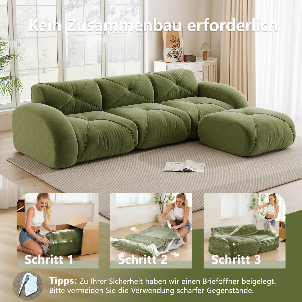 ECKSOFA in Grün aus Chenille, rahmenlos und flexibel - Grün, Textil (171/281cm) - Flora Grace