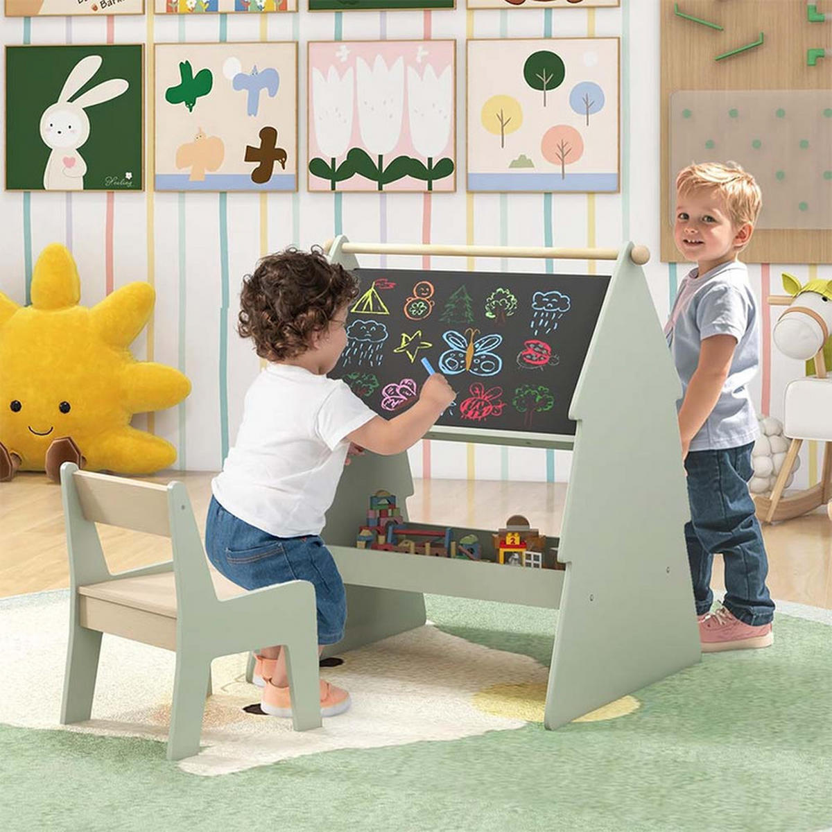 KINDERTISCHSET mit Ablage grün(2-tlg) - Grün, Holzwerkstoff (68/80/60cm) - COSTWAY