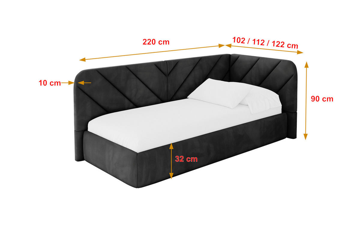 EINZELLBETT Jugendbett mit Bettkasten und Matratze H3/H4, Links - FIKY 90x200 Schwarz - Schwarz, Holzwerkstoff/Textil (90/200cm) - ALTDECOR