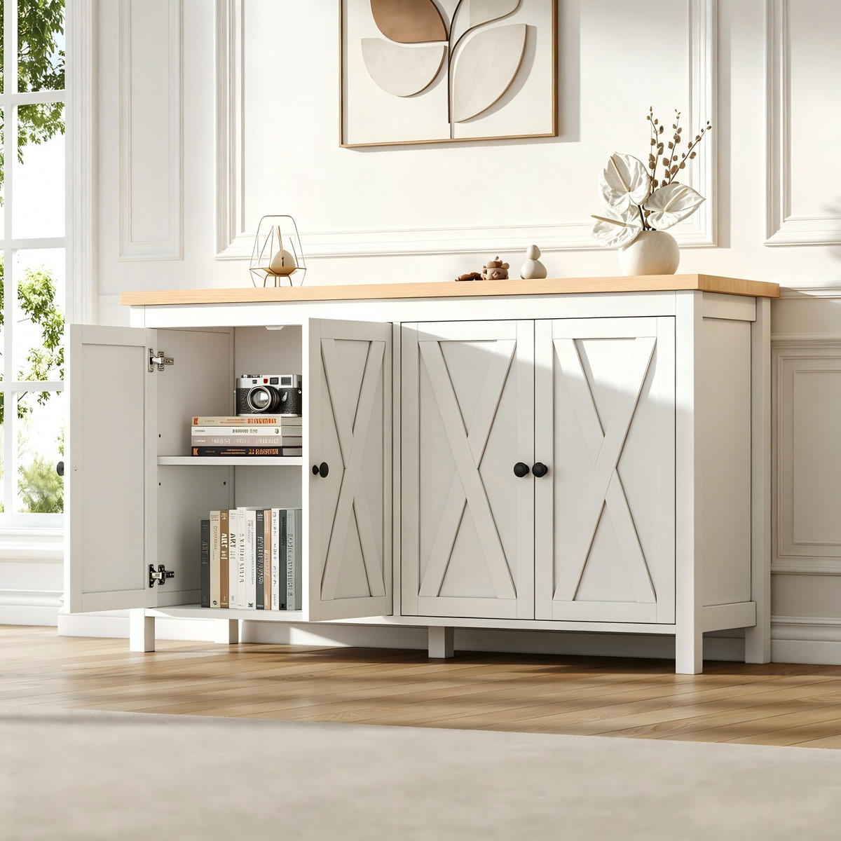 SIDEBOARD in Weiß mit 4 Türen und 2 Partitionen für Küche und Wohnzimmer, B140/T40/H78 cm - Weiß, Holz/Holzwerkstoff (140/78/40cm) - STILVORA