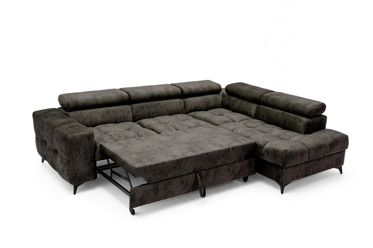 ECKSOFA PUDDING L Rechts mit Schlaffunktion 128x197 Velours Braun - Schwarz/Braun, Holz/Textil (204/270cm) - Muffo
