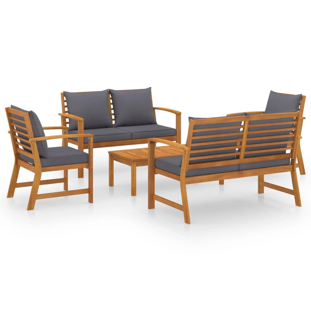GARTEN-LOUNGE-SET 5Er Set Mit Auflagen Massivholz Akazie - Grau, Holz - vidaXL