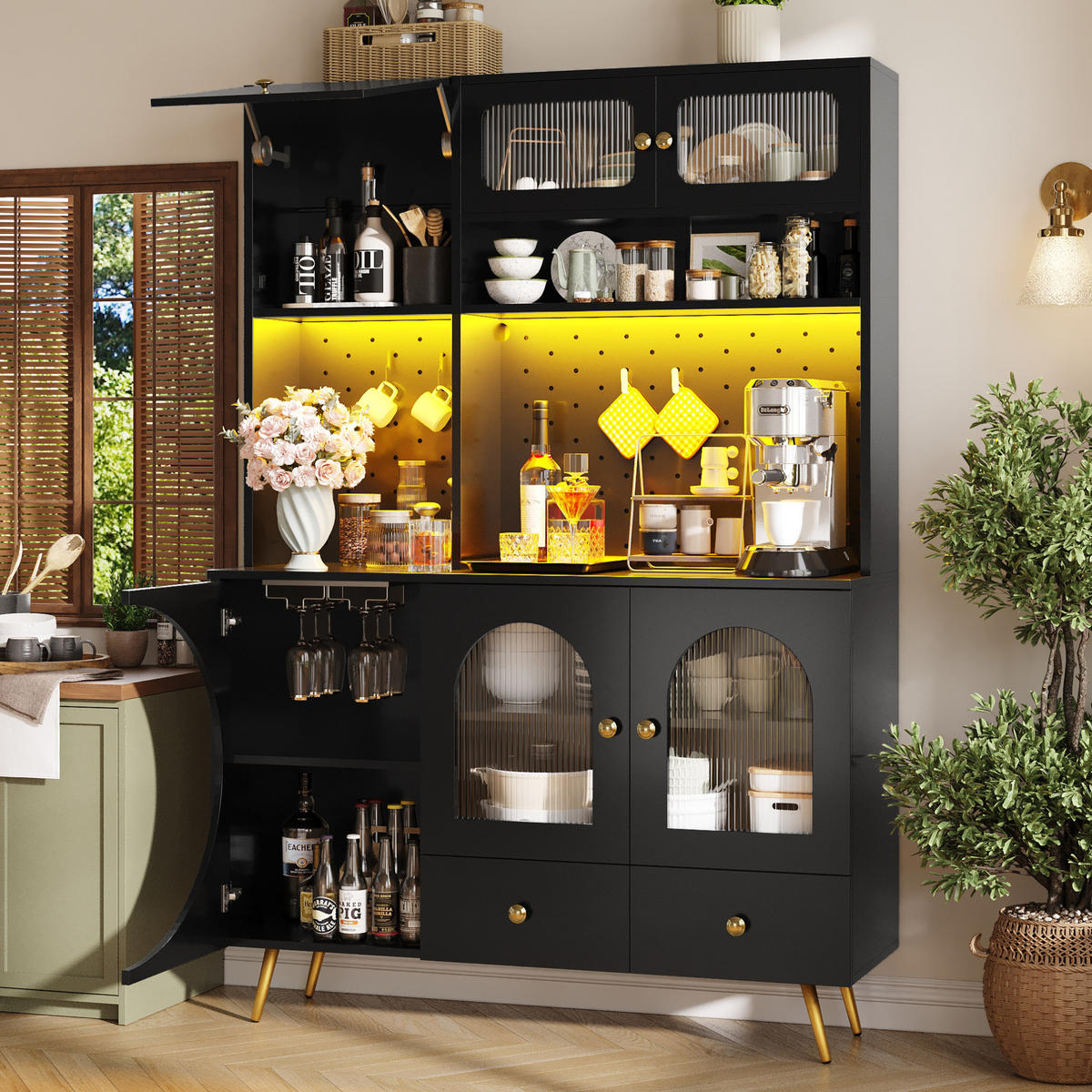 ANRICHTE 120/40/176 cm in Schwarz mit LED-Beleuchtung und USB-Anschlüssen - Schwarz, Holzwerkstoff (120/176/40cm) - Flora Grace