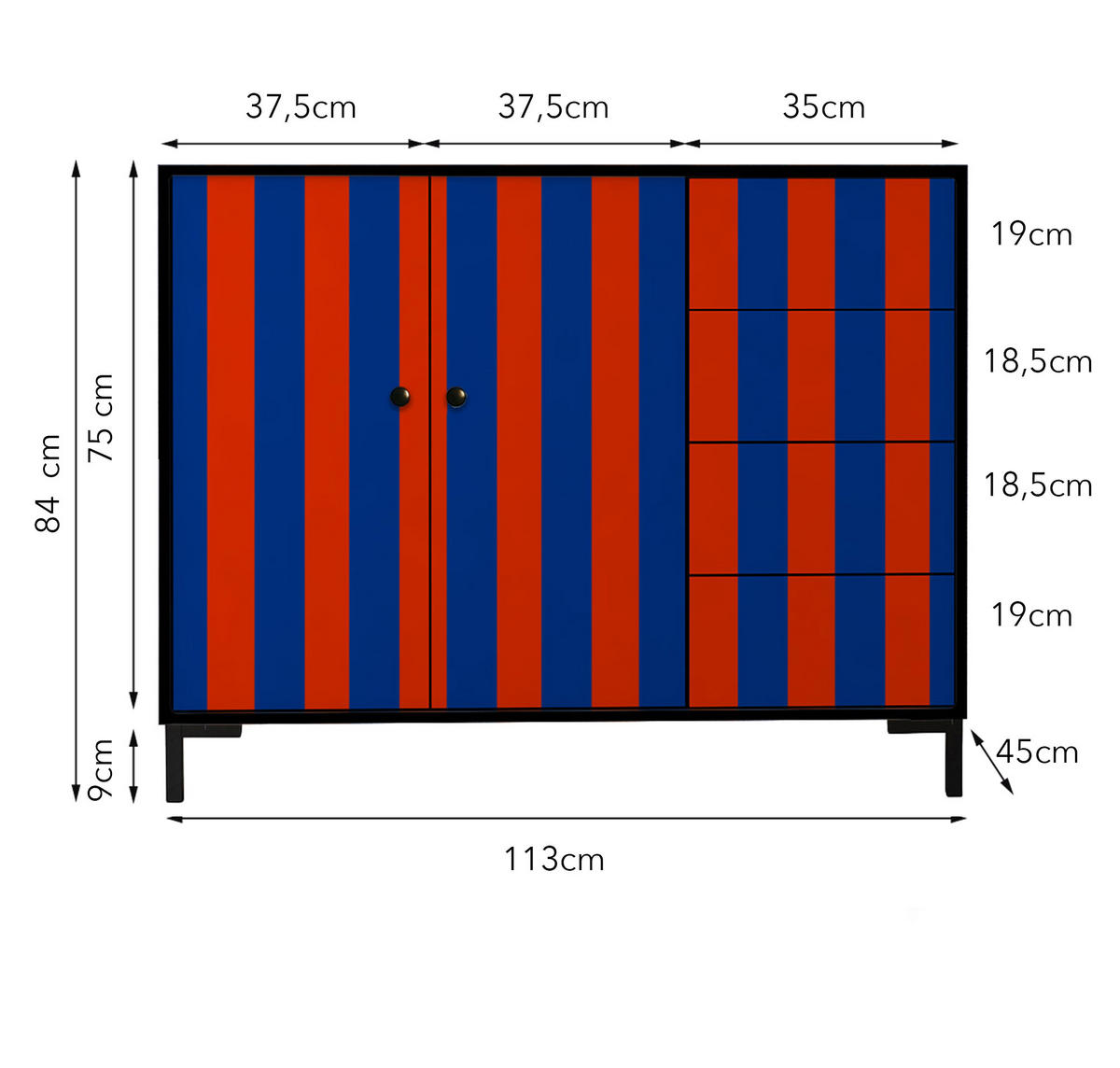 KOMMODE mit 2 Türen und 4 Schubladen aus MDF mit Walddruck WILMA - Hellrot, Holzwerkstoff (45/84/113cm) - RNT By Really Nice Things