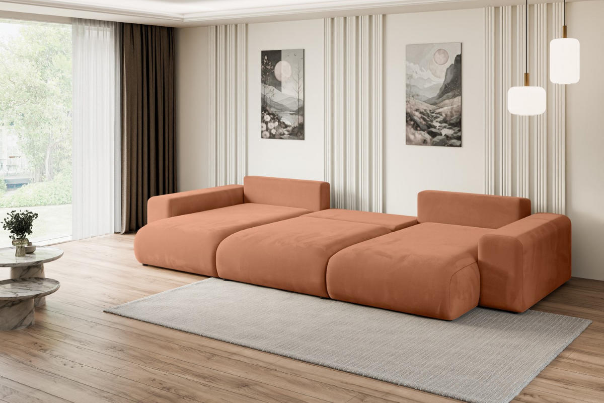 WOHNLANDSCHAFT mit Schlaffunktion und Bettkasten ESKAR-U -352x165x84cm Koralle Velours - Koralle/Schwarz, Holzwerkstoff/Kunststoff (352/84/165cm) - ALTDECOR