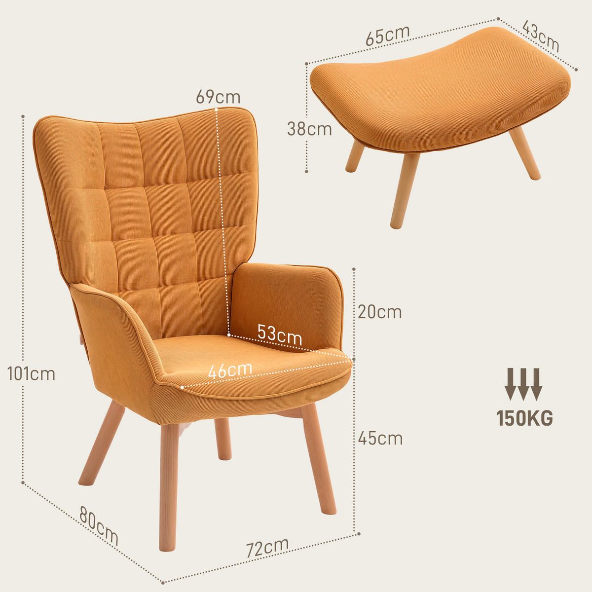 SESSEL mit Hocker, Ohrensessel mit Hoher Rückenlehne, Holzbeine, Cord, Braun - Bernsteinfarben, Textil (80/101/72cm) - HOMCOM