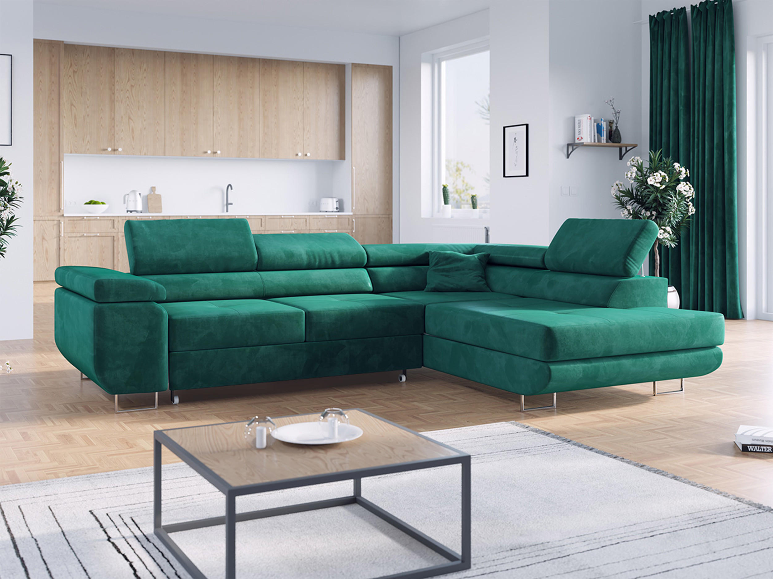ECKSOFA GUSTAW L Dunkelgrün Velvet Rechts Seite - Dunkelgrün/Silberfarben, Textil/Metall (275/205cm) - MKS