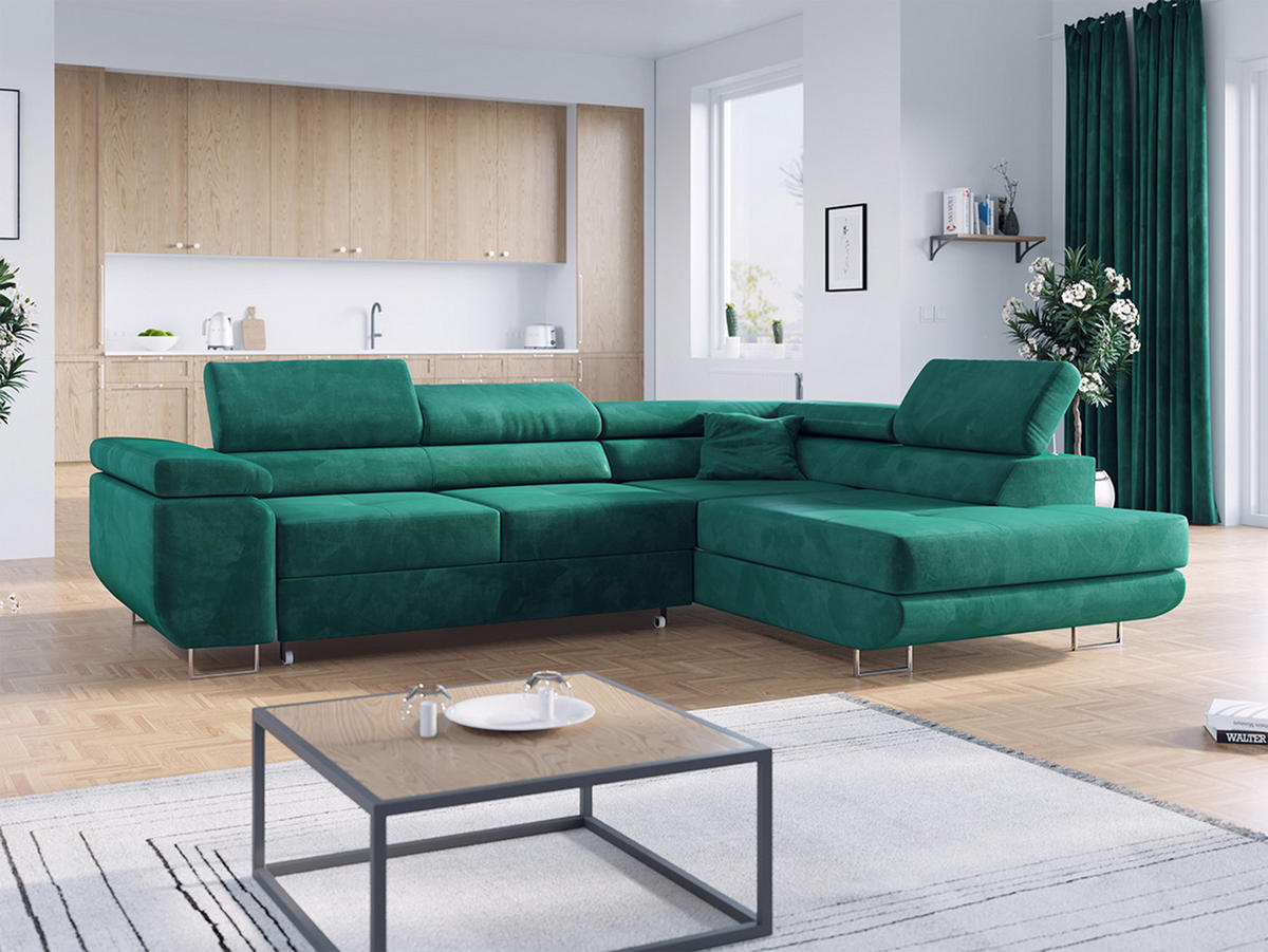 ECKSOFA GUSTAW L Dunkelgrün Velvet Rechts Seite - Dunkelgrün/Silberfarben, Textil/Metall (275/205cm) - MKS