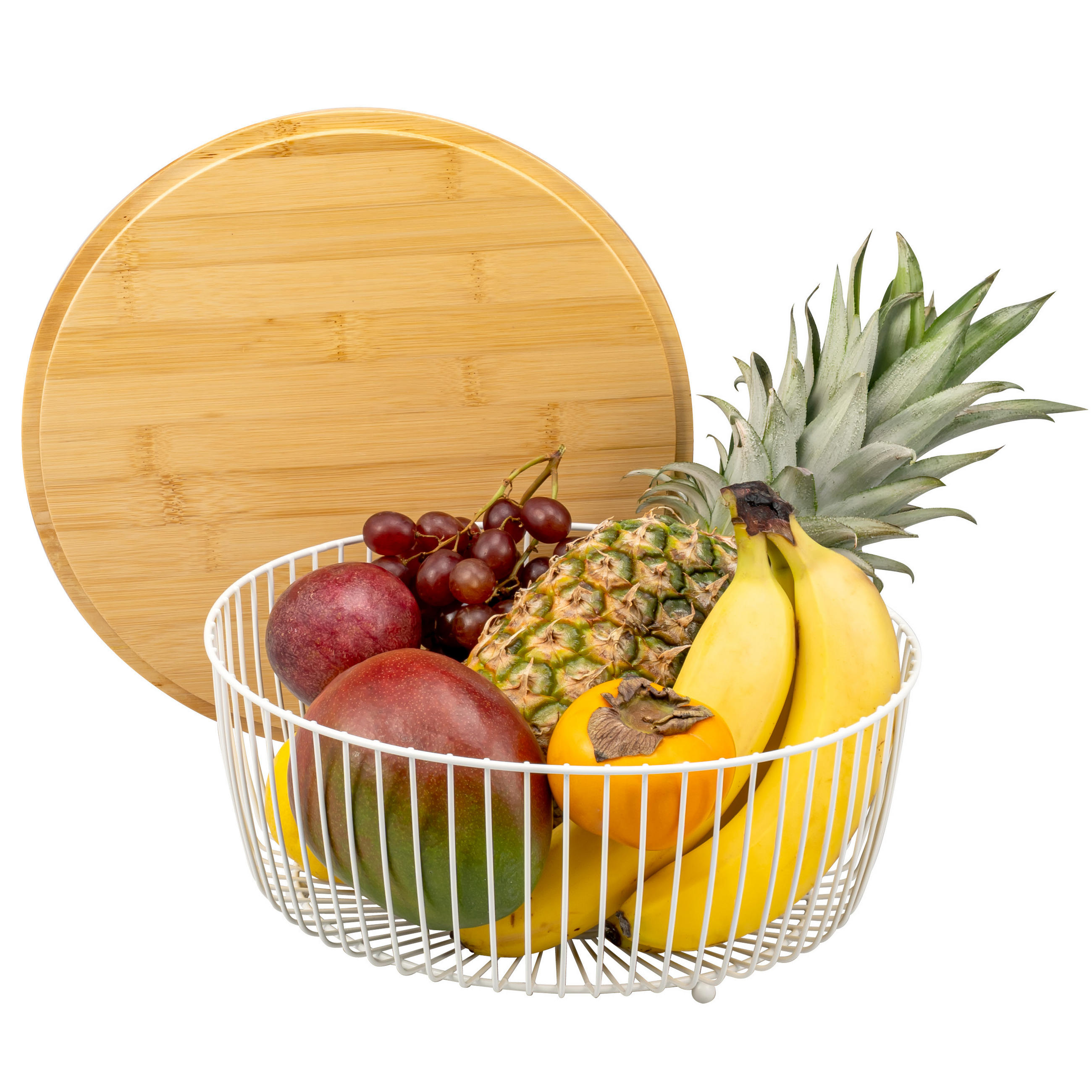 OBSTKORB mit Bambusdeckel, weiß, rund - Weiß, Metall (12.5cm) - eluno