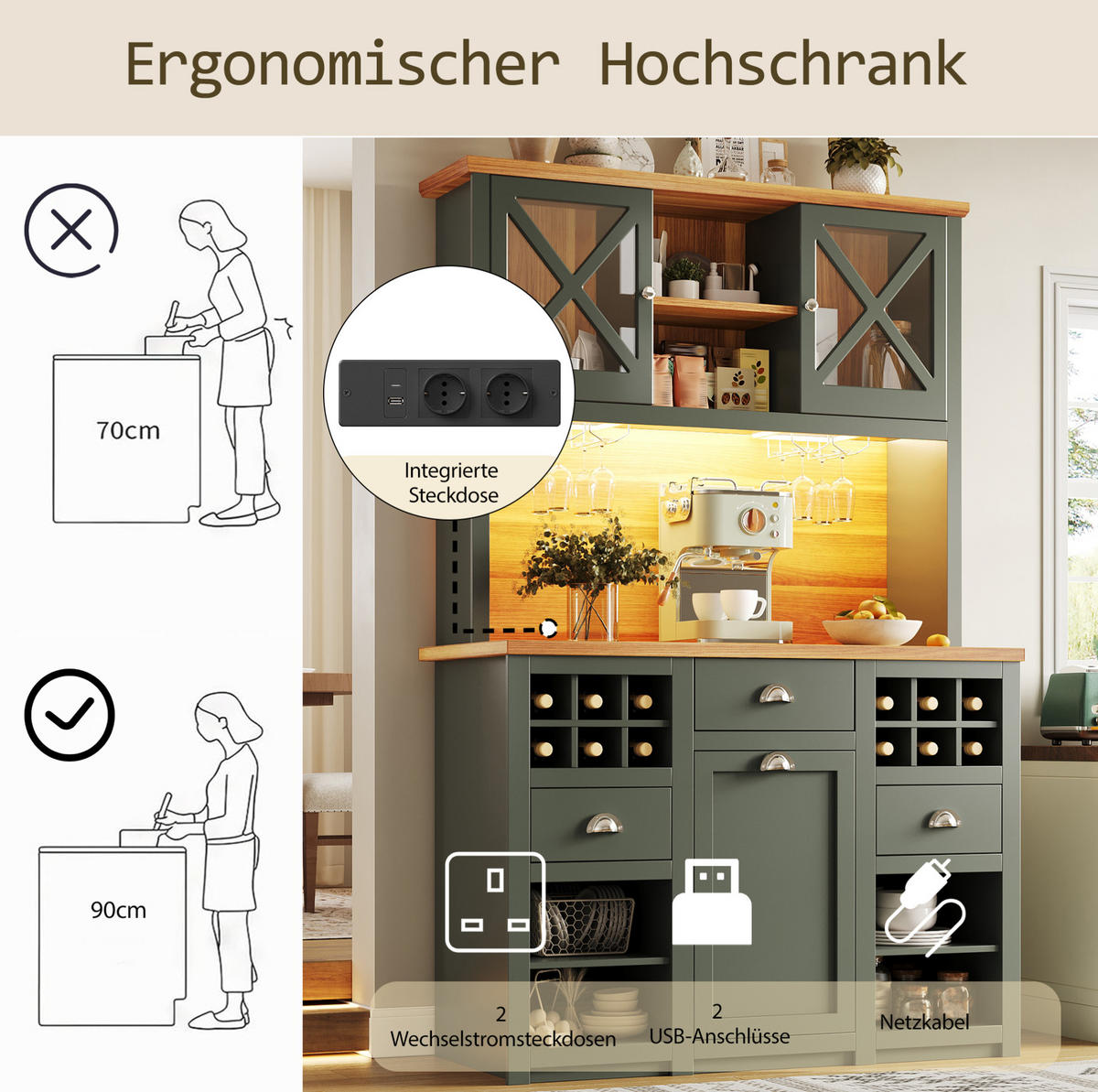 BUFFET 120/45/188 cm antikgrün aus MDF und Glas mit LED - Dunkelgrün, Holzwerkstoff (120/188/45cm) - OKWISH