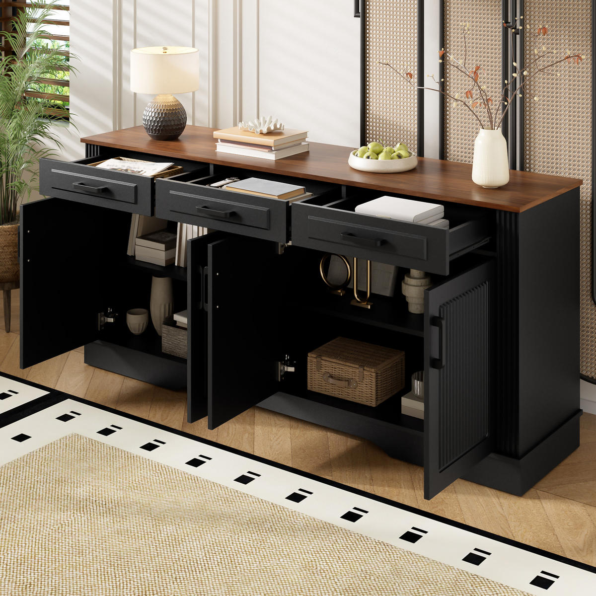 SIDEBOARD 3D Streifen MDF 3 Schubladen 4 Türen Modern Weiß - Schwarz, Holzwerkstoff (160/75/40cm) - FLIEKS
