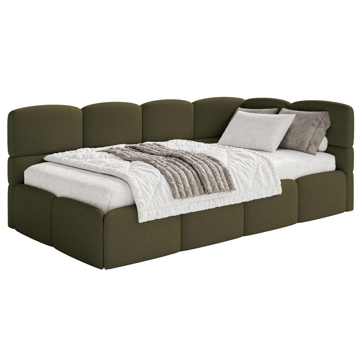 JUGENDBETT Cloudy rechts mit Matratze Bouclé Olivgrün - Olivgrün, Kunststoff/Textil (90/200cm) - Selsey