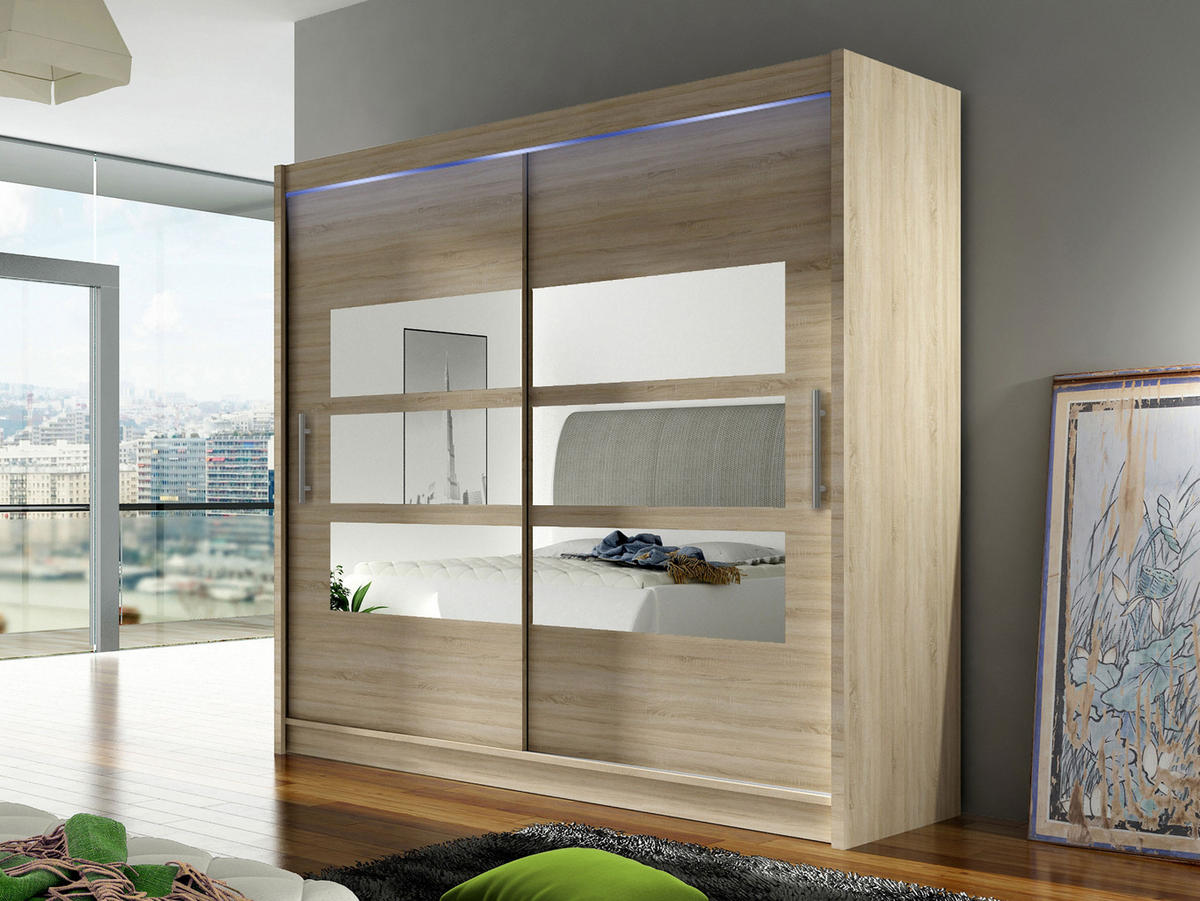 KLEIDERSCHRANK London III 180, mit RGB LED Beleuchtung - Silberfarben/Sonoma Eiche, Holzwerkstoff/Kunststoff (180/215/58cm) - MIRJAN24