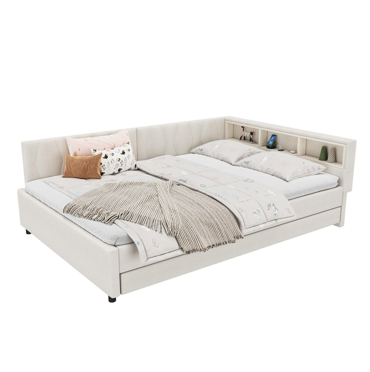 BETT 140/200 cm mit Kopfteil, USB-C und LED – inkl. Lattenrost, Beige - Beige, Textil (140/200cm) - BEAOK