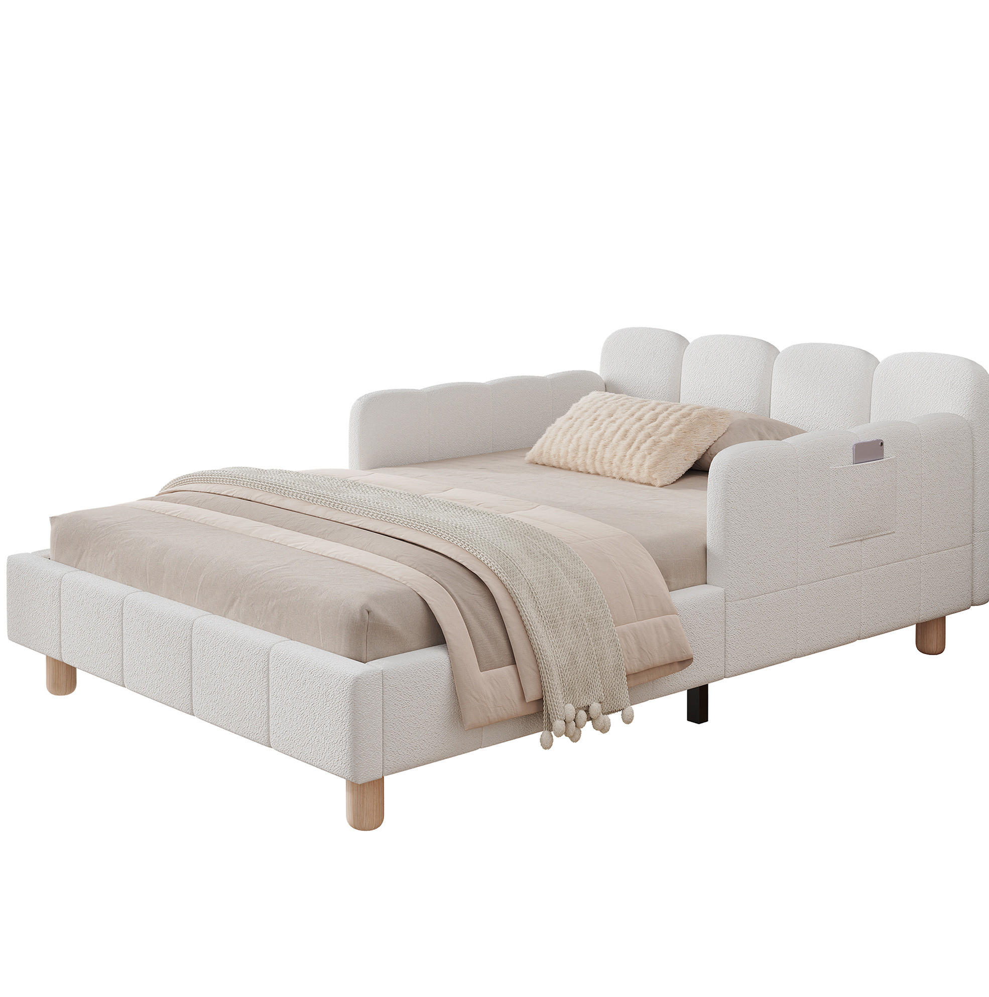 KINDERBETT 140/190 cm mit Sicherheitsbarriere, verstellbaren Seitenlehnen und Stauraumtaschen, Samt, Beige - Beige, Textil (140/190cm) - Redom