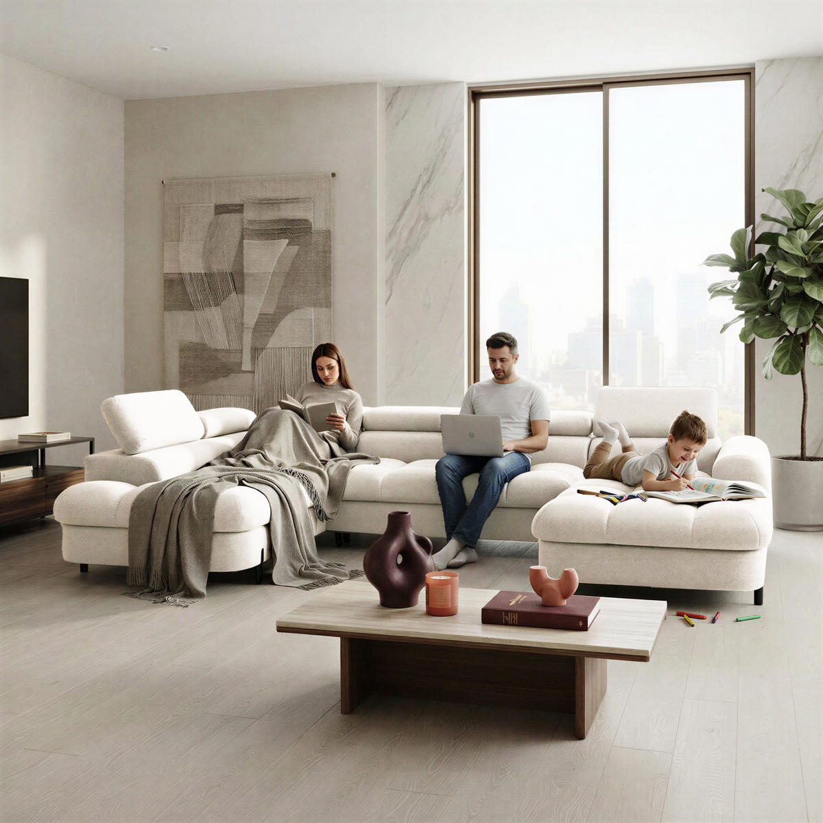 ECKSOFA U-Form BOWL U Links mit Schlaffunktion 125x265 Velours Creme - Creme/Schwarz, Holz/Textil (339/90/195cm) - Muffo