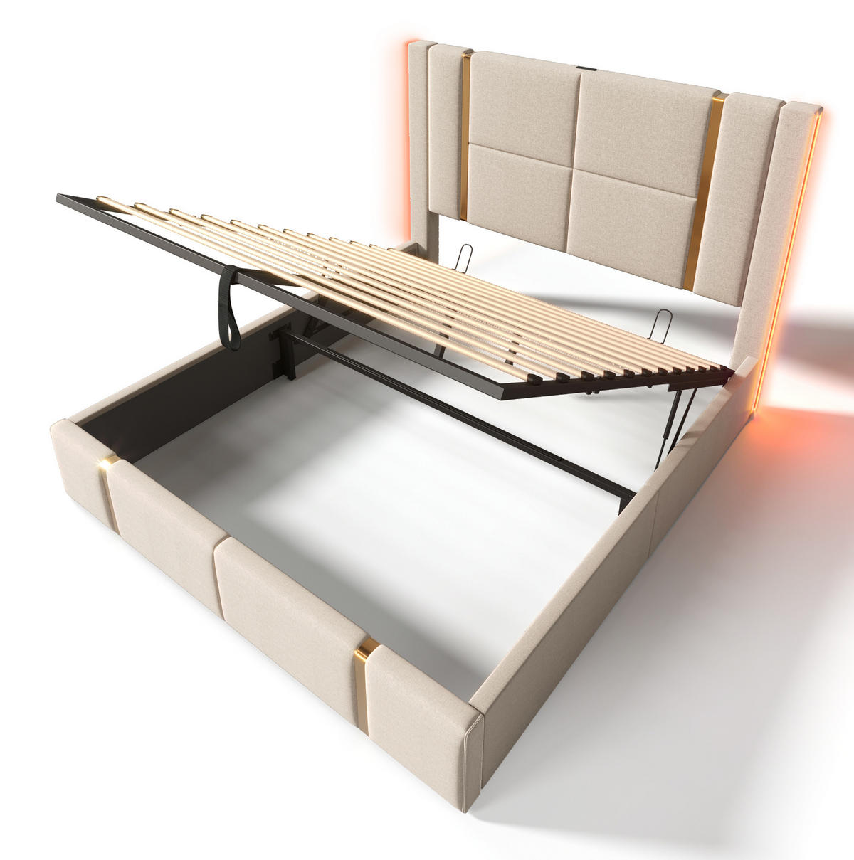 POLSTERBETT aus Leinenstoff 160x200 cm Beige mit Bettkasten, LED-Beleuchtung, USB- und USB-C-Anschluss - Beige, Textil (160/200cm) - IVMEU