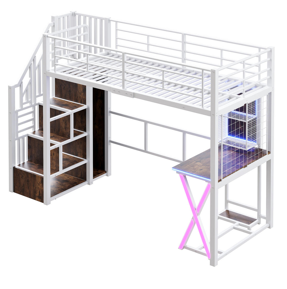 HOCHBETT 90/200 cm mit LED-Beleuchtung, Ablageleiter, Schreibtisch, Kleiderschrank und Regalen, Metall/MDF, Weiß - Weiß, Metall (90/200cm) - Redom
