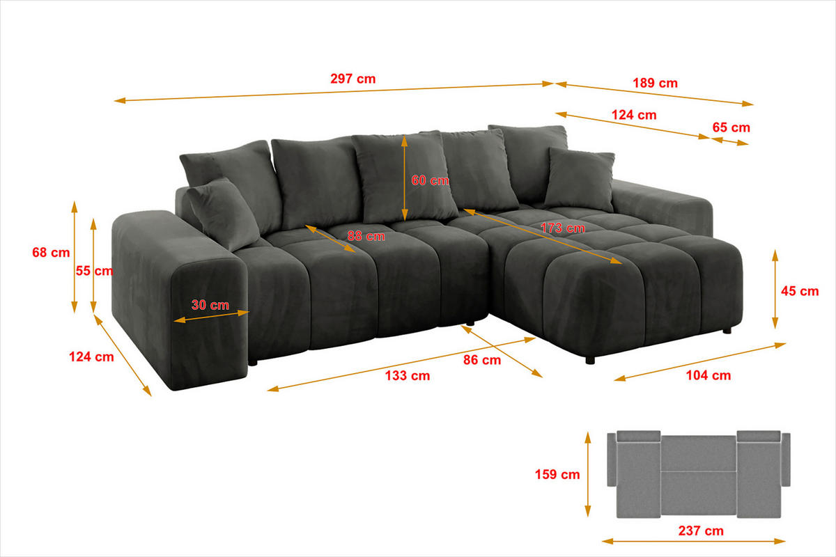 ECKSOFA Ottomane rechts ENIL-L 297x189x68 Dunkelgrau Velours - Anthrazit, Holzwerkstoff/Kunststoff (189/297cm) - ALTDECOR