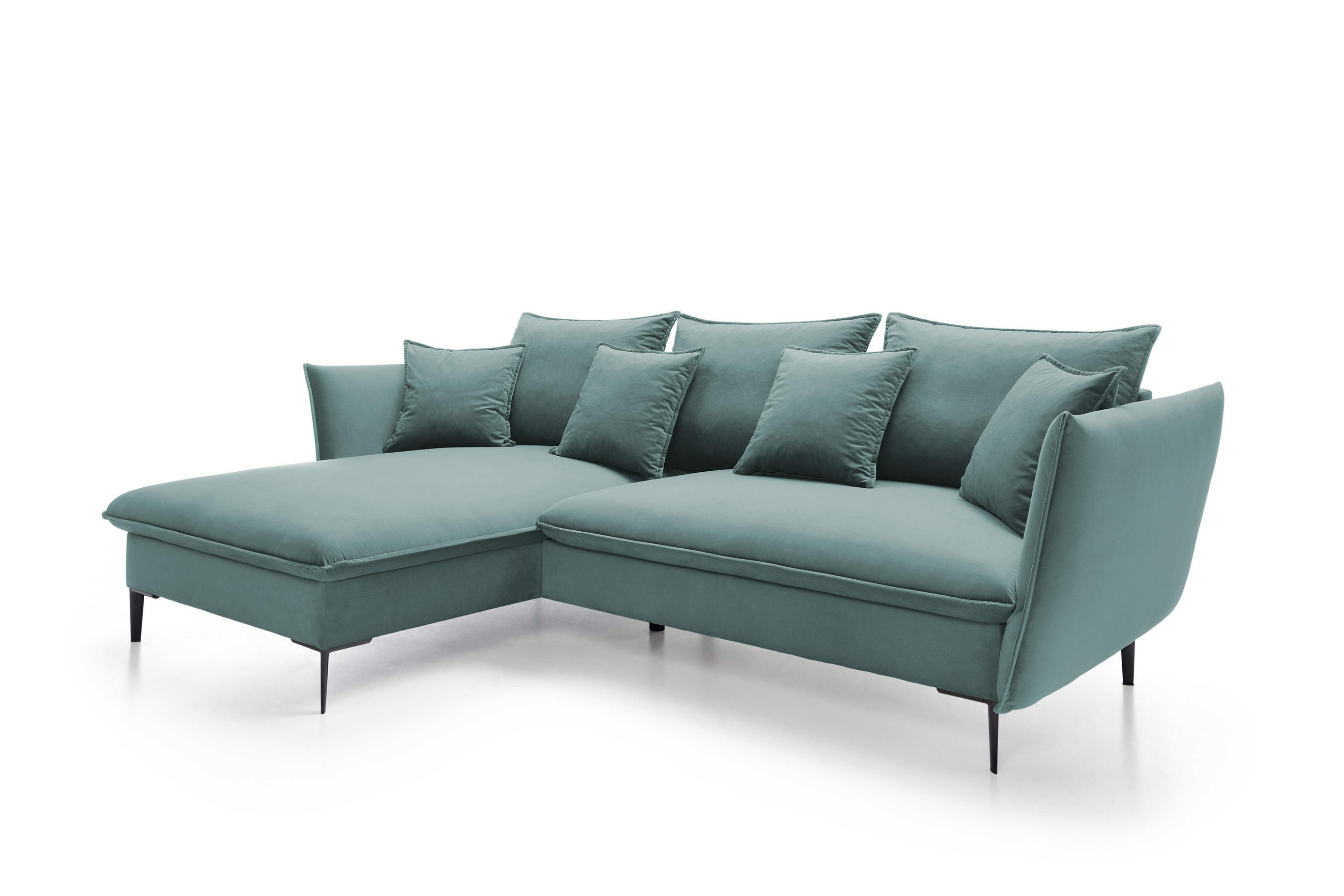 ECKSOFA GLOSS mit Schlaffunktion, Ottomane & goldenen Füßen – Samtsofa im GLOSSour-Stil mit Zierkissen, 258x167x91cm, Linke, BLAU - Hellgrau, Holz/Textil (167/258cm) - DomoHome