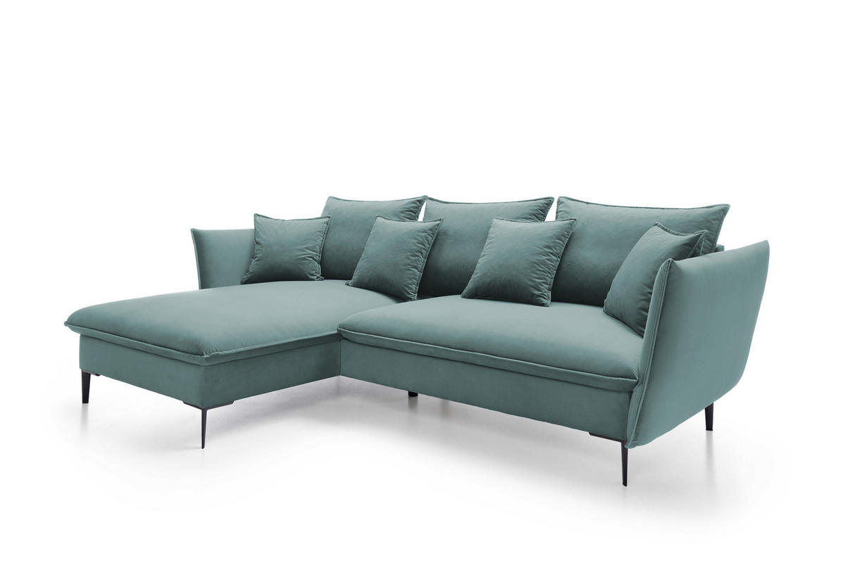 ECKSOFA GLOSS mit Schlaffunktion, Ottomane & goldenen Füßen – Samtsofa im GLOSSour-Stil mit Zierkissen, 258x167x91cm, Linke, BLAU - Hellgrau, Holz/Textil (167/258cm) - DomoHome