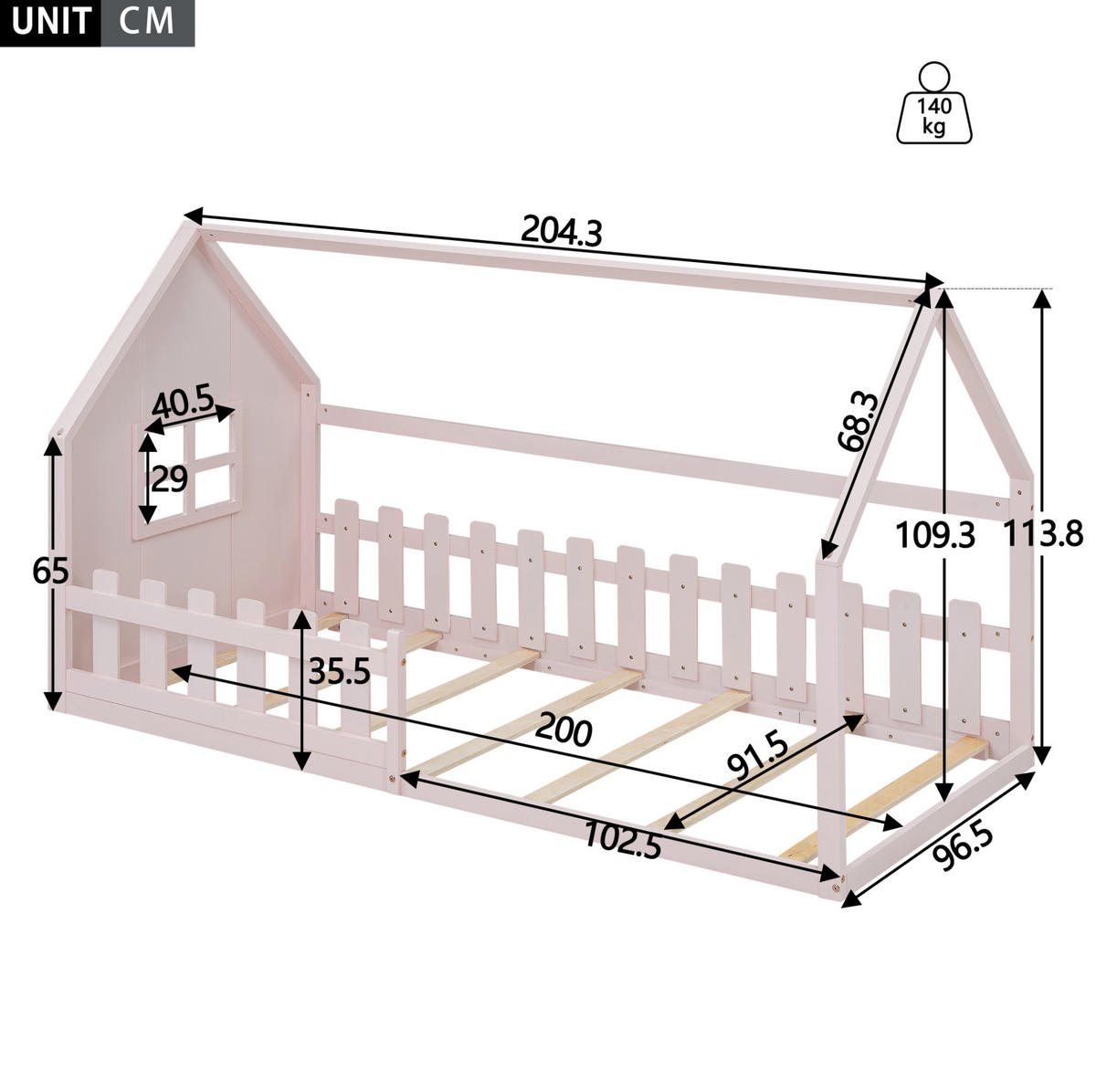 HAUSBETT aus Kiefer und MDF 90x200 cm Rosa in Hausform, bodennahes Design - Rosa, Holzwerkstoff (90/200cm) - Modfu