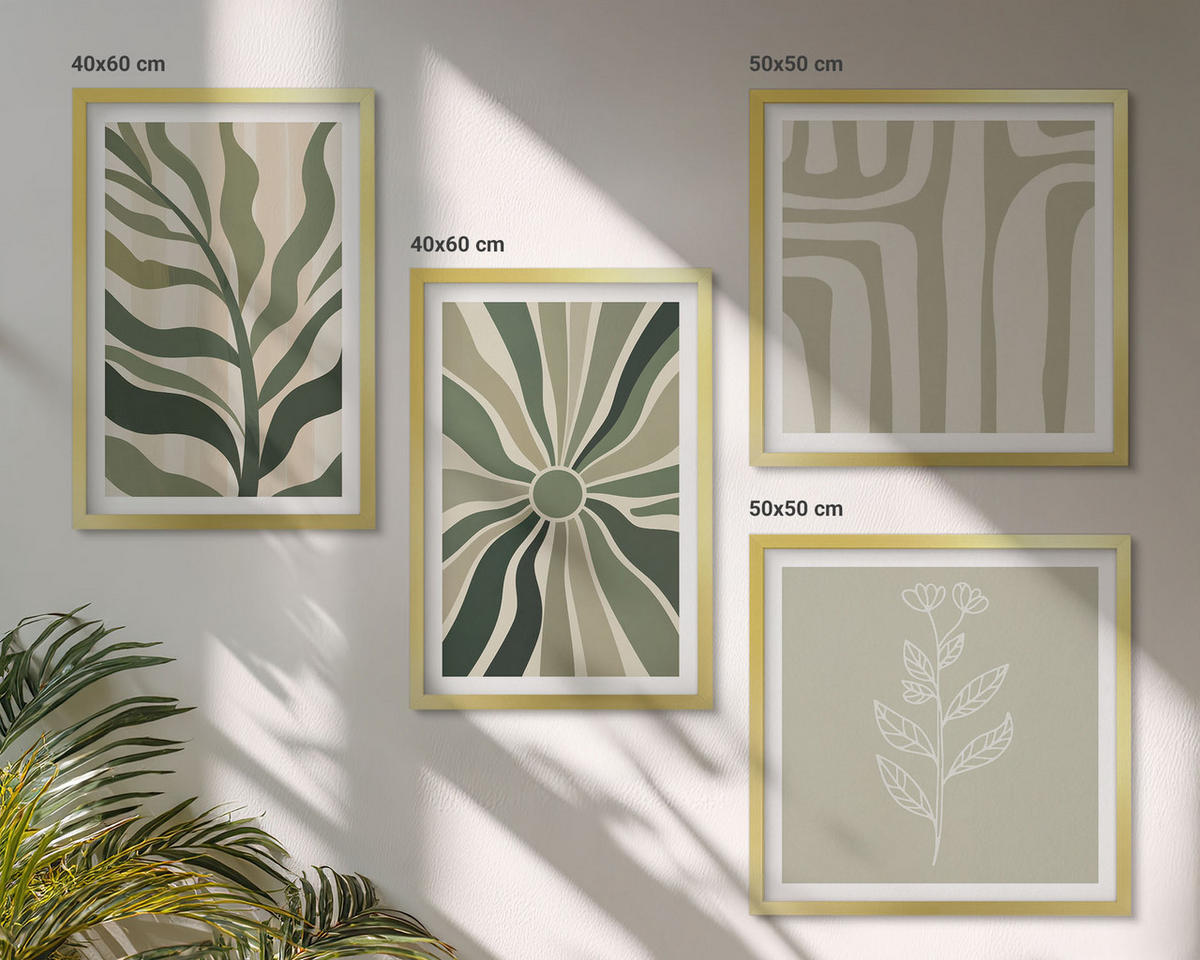 BILDER SET 4er Set - 50x50 cm & 40x60 cm Goldrahmen - Pflanzenmuster grüner Minimalismus - Goldfarben, Kunststoff (50/50cm) - TULUP