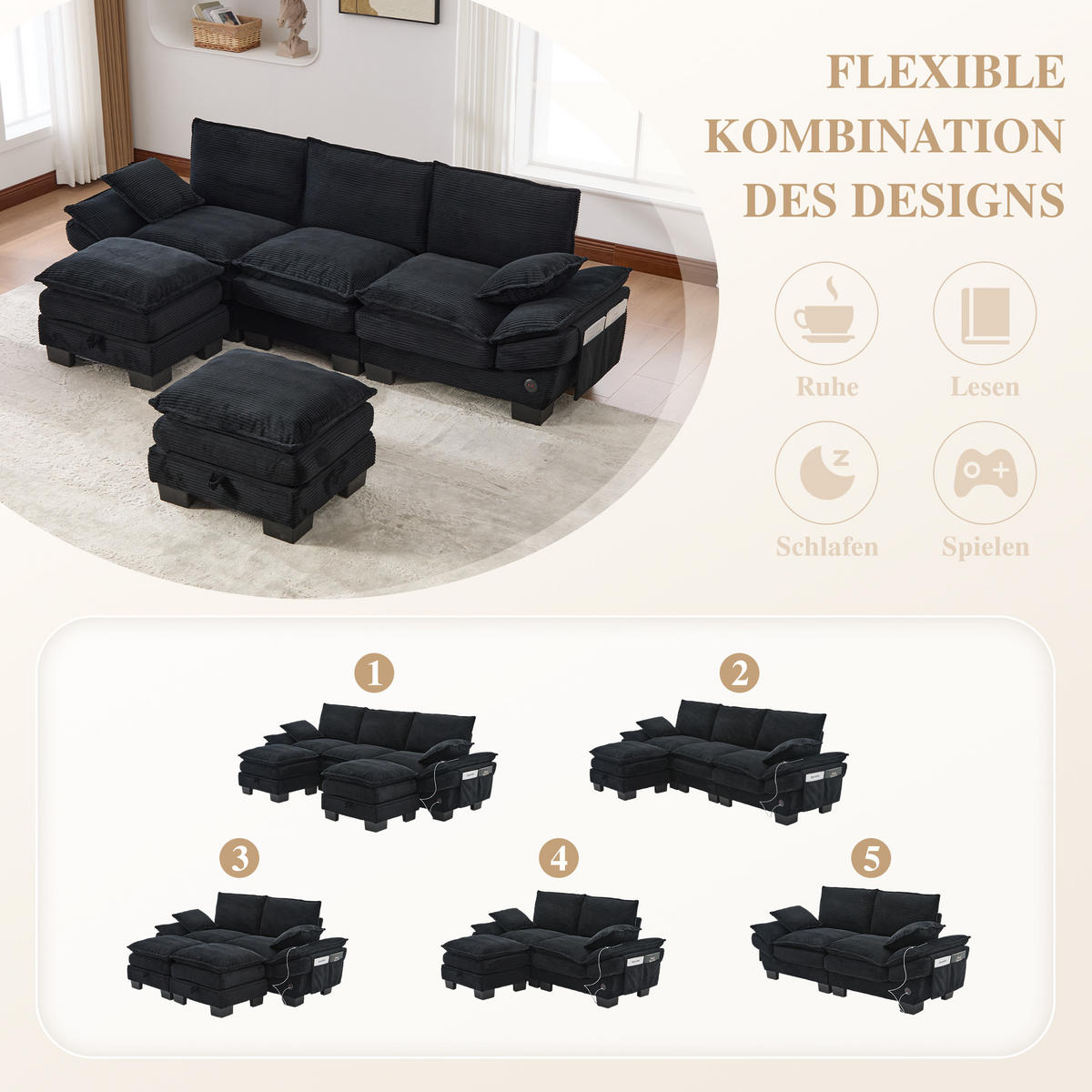 WOHNLANDSCHAFT Cord Schwarz mit USB-C, Seitentaschen und mit 2 Hocker - Schwarz, Holzwerkstoff/Kunststoff (260/84/132cm) - WISHDOR