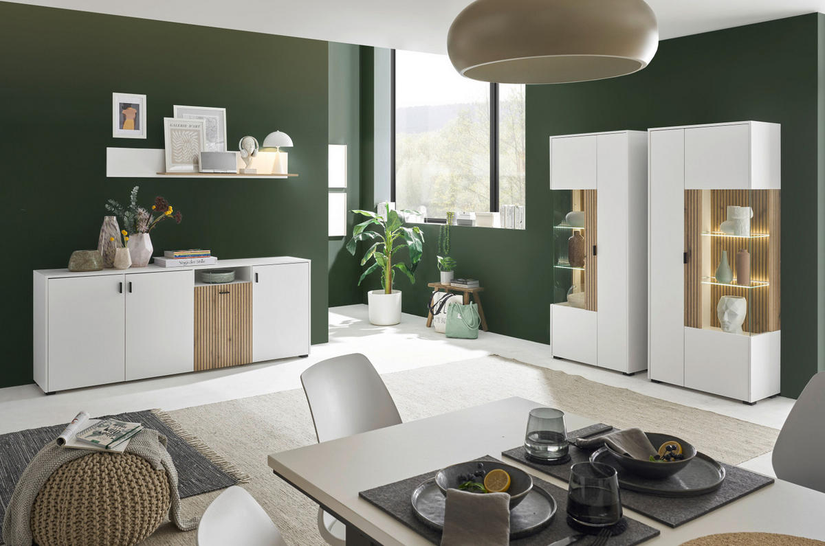 SIDEBOARD weiß matt, Eiche 200 cm, Kommode mit 12 Fächern und Soft-Close - Eichefarben/Schwarz, Holzwerkstoff/Kunststoff (200/80/42cm) - Furn.Design
